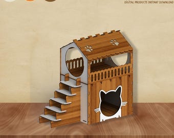 Modernes Katzenhaus Laser geschnitten SVG-Datei: CNC-Plan, Vektordateien (digitaler Download)