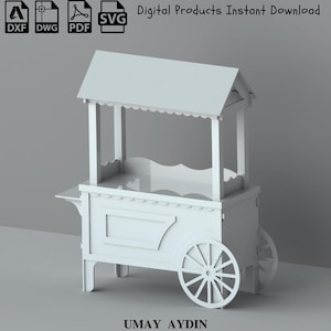 Puede incluir: Un carrito de vendedor blanco estilizado con un techo festoneado y ruedas de radios. El carrito tiene un cuerpo rectangular con un panel decorativo y una pequeña plataforma lateral. El texto en la parte superior dice "Digital Products Instant Download".