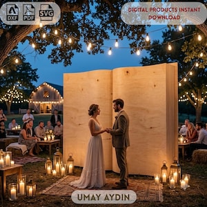 May include: A large, open book-shaped wooden backdrop standing outdoors at night. The structure features light-colored wood grain panels and is illuminated by string lights and lanterns. The text "DIGITAL PRODUCTS INSTANT DOWNLOAD" and "UMAY AYDIN" are visible.