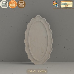 May include: A light-colored wooden plaque featuring an oval center panel surrounded by a decorative scalloped edge. The design is presented as a digital file for download, indicated by icons for DXF, PDF, and SVG formats, with the text UMAY AYDIN.