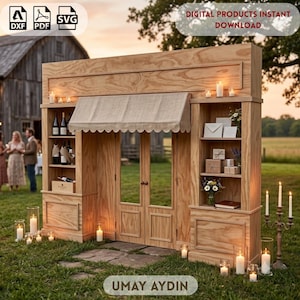 May include: A large wooden display structure featuring a central doorway with a scalloped fabric awning, flanked by open shelving units. The shelves contain wine bottles, gift boxes, and floral arrangements. The structure is light brown wood.