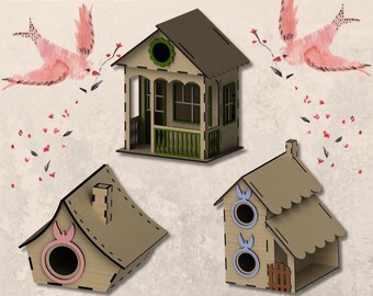 Set of 3 Modern Birdhouse Designs - Bundle of 3 Contemporary Birdhouse Designs - CNC Plans, Laser Cut DXF, Svg, EPS Files