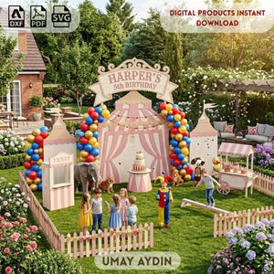 May include: A digital party backdrop set featuring a large circus tent with a banner reading Harper's 5th Birthday, flanked by balloon arches in red, blue, and gold. Includes a ticket booth, a small food cart, and a wooden fence on a green lawn.