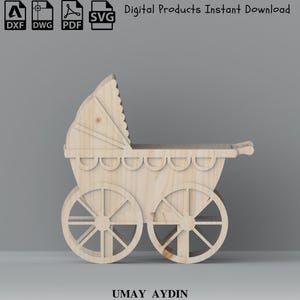 May include: A wooden pram with large spoked wheels and a decorative hood. The pram is made of light-coloured wood and features a scalloped edge design. The image includes the text "Digital Products Instant Download."