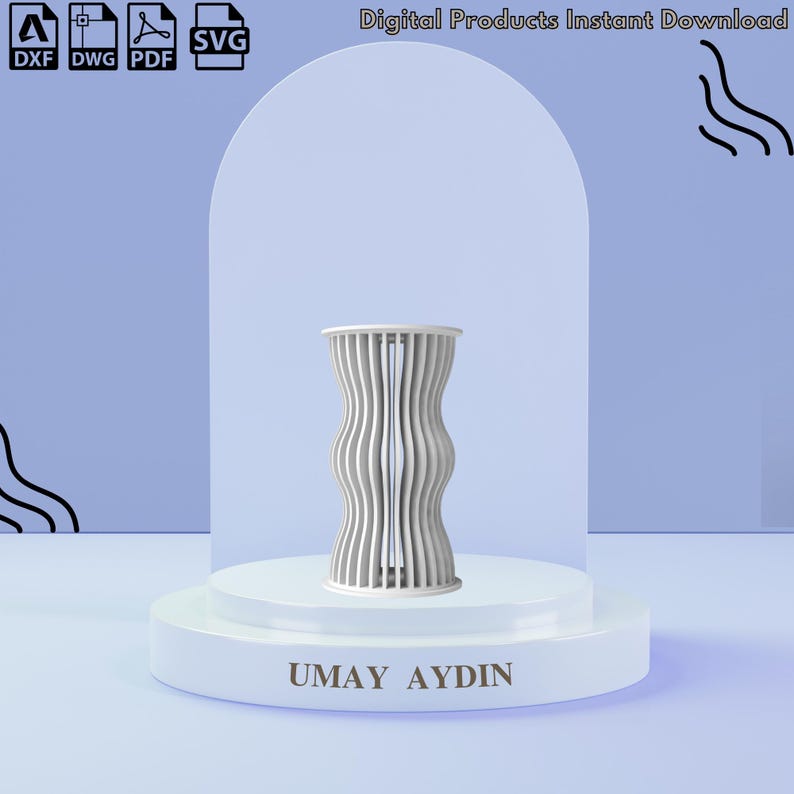 May include: A white cylindrical object with a series of vertical, wavy slats forming a hollow structure. The object sits on a white circular base with the text UMAY AYDIN printed in brown. Icons for DXF, DWG, PDF, and SVG file formats are visible.