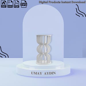 May include: A white, three-tiered, cylindrical, slatted decorative stand featuring vertical cutouts. The text "UMAY AYDIN" is printed on the base. Icons for DXF, DWG, PDF, and SVG file formats are visible, along with the text "Digital Products Instant Download."