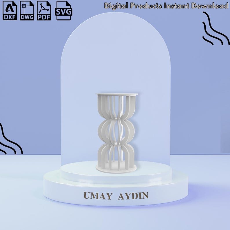 May include: A white, three-tiered, cylindrical, slatted decorative stand featuring vertical cutouts. The text "UMAY AYDIN" is printed on the base. Icons for DXF, DWG, PDF, and SVG file formats are visible, along with the text "Digital Products Instant Download."