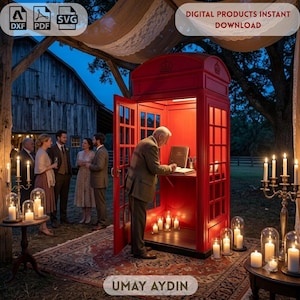 May include: A bright red British-style telephone booth repurposed as a guest book station, featuring a person writing in a book inside. The booth is set outdoors on a patterned rug, surrounded by lit candles in glass domes and a candelabra.