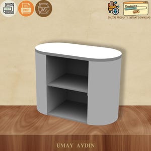 May include: A gray, two-shelf cabinet with a white top. The cabinet has a rounded design and is set on a wooden surface. The image includes digital product icons and the text "DIGITAL PRODUCTS INSTANT DOWNLOAD".