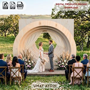 May include: A digital file for a circular wooden wedding arch backdrop featuring a layered ring design, light wood grain texture, and sheer white fabric draping. The design includes icons for DXF, PDF, and SVG file formats for instant download.