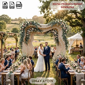 May include: A digital product file featuring a large, wavy, light-coloured wooden wedding arch decorated with eucalyptus and white and pink roses. The image includes text icons for DXF, PDF, and SVG formats, and the text DIGITAL PRODUCTS INSTANT DOWNLOAD.