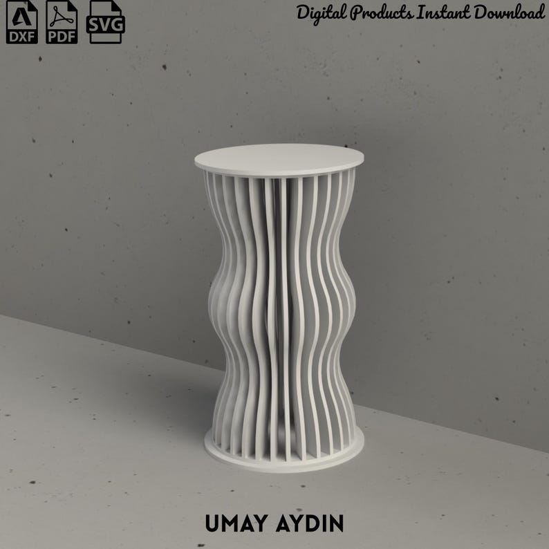 May include: A white cylindrical stand featuring a series of vertical, wavy, slat-like panels arranged around a central core. The design includes icons for DXF, PDF, and SVG file formats, the text Digital Products Instant Download, and UMAY AYDIN.