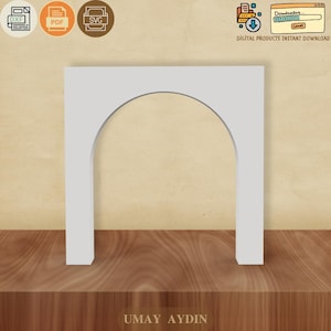 Puede incluir: Un diseño de arco blanco, probablemente para productos digitales, se muestra sobre una superficie de madera. La imagen incluye iconos de tipo de archivo (DXF, PDF, SVG) y un gráfico de "Descarga instantánea de productos digitales". El nombre "UMAY AYDIN" está en la parte inferior.
