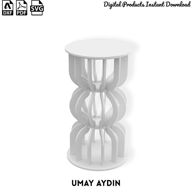 May include: A white cylindrical stand featuring a vertical slatted design with three distinct stacked sections. The structure includes a circular top and base, with curved vertical panels creating an open, airy appearance. Text includes DXF, PDF, SVG, and UMAY AYDIN.