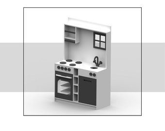 May include: A white play kitchen with a black stove, oven, and sink. The kitchen has shelves and a window. The text "Digital Products Instant Download" and "UMAY AYDIN" are visible.