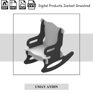 May include: A digital download of a rocking chair design for a child's toy. The chair is black and white and has a simple, classic design.