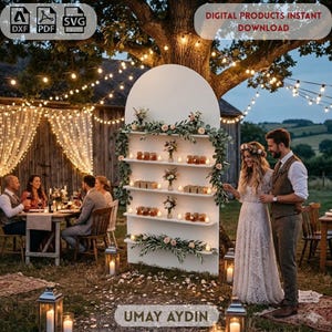 May include: A white arched display stand with five horizontal shelves decorated with green foliage and small flowers. The stand features small jars and boxes on the shelves. The image includes text icons for DXF, PDF, and SVG file formats.