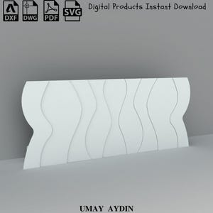 May include: A white digital panel design featuring vertical wavy lines and a smooth surface. The image includes icons for DXF, DWG, PDF, and SVG file formats, with the text Digital Products Instant Download and the name UMAY AYDIN at the bottom.