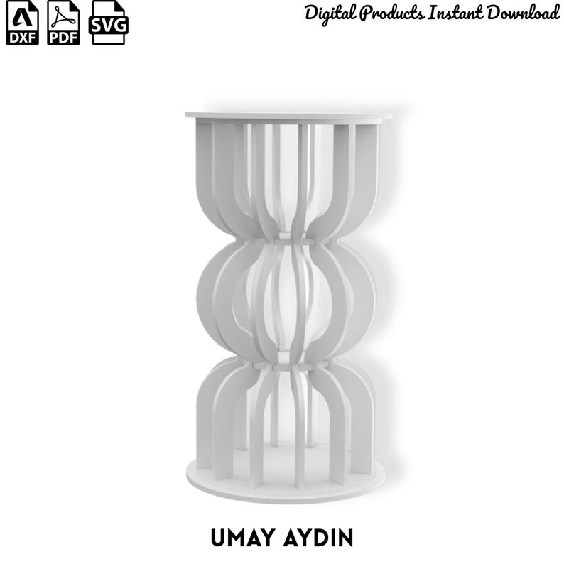 May include: A white, cylindrical, multi-tiered stand featuring a series of vertical, curved slats arranged in a repeating pattern. The structure consists of three stacked, rounded sections with a flat circular base and top. The text UMAY AYDIN is visible.
