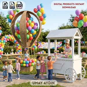 Può includere: Un set di file digitali che include i formati DXF, PDF e SVG per una decorazione per feste con una grande mongolfiera in legno piena di palloncini colorati e un carretto bianco in legno con cupcake, con il testo DIGITAL PRODUCTS INSTANT DOWNLOAD.