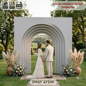 May include: A large, light gray, multi-layered arched backdrop panel featuring a digital product instant download design. The structure includes concentric arch cutouts and is displayed in an outdoor setting with the text UMAY AYDIN.