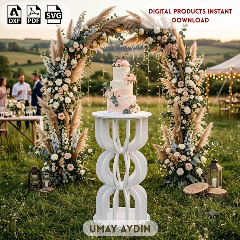 May include: A white, three-tiered cylindrical cake stand with a geometric, open-frame design. The stand features stacked, rounded, arch-like supports. It is presented as a digital product with DXF, PDF, and SVG file formats available for download.