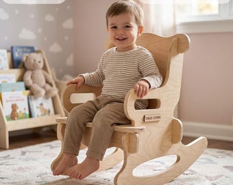 May include: A light-colored wooden rocking chair featuring a personalized nameplate that reads UMAY AYDIN. The chair has a curved backrest, side armrests with cutouts, and curved rockers. The design is available as a digital download in DXF, PDF, and SVG formats.