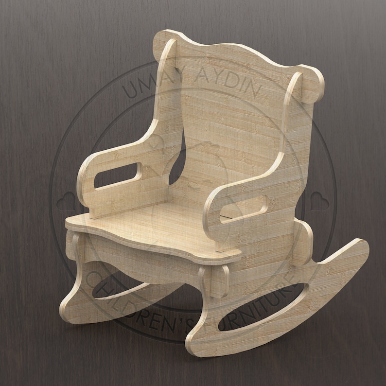 May include: A wooden rocking chair for children, with a high back and armrests. The chair is made of light brown wood and has a natural finish. The chair is designed for children and has a rocking base.