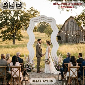 May include: A white, wavy-edged, freestanding arch structure designed for event ceremonies. The arch features a layered, contoured frame. Digital file icons for DXF, PDF, and SVG formats are visible in the top left corner, with text stating DIGITAL PRODUCTS INSTANT DOWNLOAD.