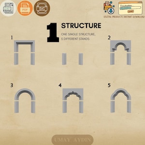 May include: Digital product image with architectural structure designs. The image includes the text "STRUCTURE" and "ONE SINGLE STRUCTURE, 5 DIFFERENT STANDS". The designs are in gray, with a tan background. Includes DXF, PDF, and SVG file icons.