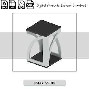 May include: A 3D model of a small, gray and black side table with a unique, arched design. The table has a square top and a base with four legs. The table is designed to be used as a side table or end table.