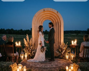 May include: A digital file for a wedding arch featuring a large, light-coloured wooden structure with a multi-layered arched design. The arch is displayed in an outdoor setting with a couple standing beneath it, surrounded by candles and floral decor.