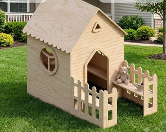 Tenda gioco per bambini in cedro fai da te - design Montessori CNC per interni o esterni. Casetta gioco per bambini con file PDF incluso.