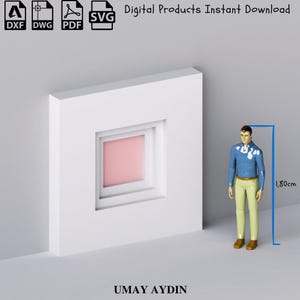 May include: A white wall with a square window with a pink square inside. A figurine of a person standing next to the wall. The person is 1.80 cm tall.