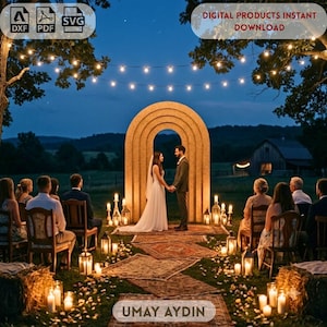 May include: A digital file featuring an outdoor wedding ceremony at dusk with a couple standing under a large, arched wooden structure. The scene includes rows of chairs, patterned rugs on the grass, string lights, and lanterns. Text reads: DIGITAL PRODUCTS INSTANT DOWNLOAD and UMAY AYDIN.