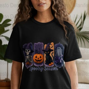 Spooky Season Halloween T-Shirt, Cute Cat and Pumpkin, Skeleton Graphic Tee, Fall Festival Apparel for All Ages
