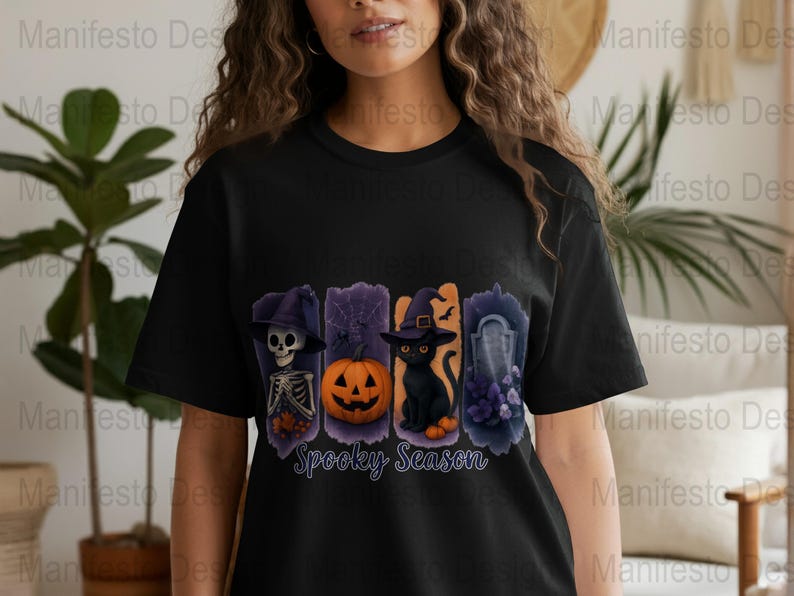 Spooky Season Halloween T-Shirt, Cute Cat and Pumpkin, Skeleton Graphic Tee, Fall Festival Apparel for All Ages