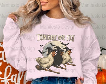 Witch Chickens Flying on Broomsticks: Funny Halloween Digital Art Print, Spooky Season Instant Download