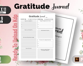 May include: A white "Gratitude Journal" with lined pages, featuring prompts for daily reflections. The journal is 8.5 x 11 inches and has 120 pages. The cover includes the text "Gratitude Journal" in a script font, with floral accents.