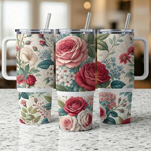 Elegante tumbler da 40 once con motivo floreale rosa rosa / Decalcomania completa per bicchieri con motivo floreale ad acquerello