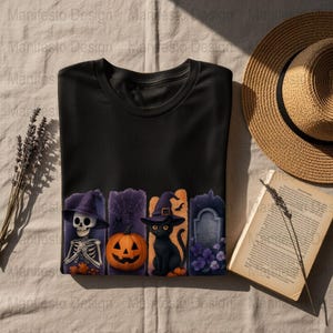 Halloween T-Shirt with Skeleton and Black Cat, Cute Fall Graphic Tee, Spooky Casual Clothing for All Ages