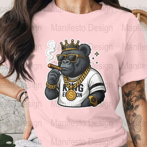 Crowned Gorilla King Kong Digital Art: Cigar-Smoking Gangster Ape PNG for Streetwear & Wall Decor