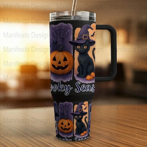 Halloween Tumbler, Spooky Black Cat and Pumpkin, Witch Hat, Gothic Travel Mug, Insulated Stainless Steel Drinkware, Fall Gift Idea