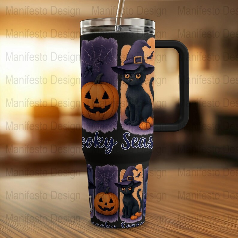 Halloween Tumbler, Spooky Black Cat and Pumpkin, Witch Hat, Gothic Travel Mug, Insulated Stainless Steel Drinkware, Fall Gift Idea