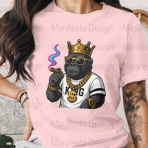 Gangster King Kong PNG: Crowned Gorilla Digital Art Download - Boss Ape with Cigar and Gold Chain