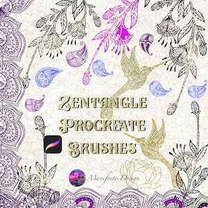 Pode incluir: Um conjunto de pincéis digitais para Procreate com padrões intrincados desenhados à mão em um esquema de cores dourado, preto e roxo. Os pincéis são projetados para criar arte Zentangle e incluem motivos florais, paisley e beija-flores. O texto "Zentangle Procreate Brushes" é exibido em uma fonte de brilho dourado.