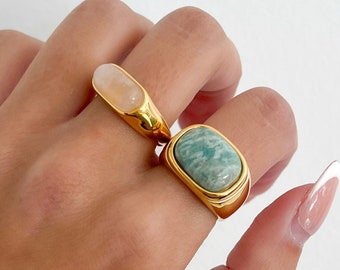 Bague en pierres précieuses, bague en or épaisse et fine, bague en gold filled, bague en pierres précieuses naturelles, bague en or épaisse en agate, quartz, bague irrégulière minimaliste