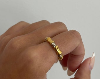 Gold Bamboo ring, pave rings, unique ring, stackable ring gold, gold ring, stackable rings, unique band ring, irregular band ring pave stack