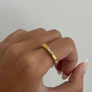 Gold Bamboo ring, pave rings, unique ring, stackable ring gold, gold ring, stackable rings, unique band ring, irregular band ring pave stack