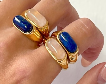 Bague tendance, grosse bague en or, bague en pierres précieuses, bague en gold filled 18 carats, bague en pierres précieuses naturelles, bague épaisse en or agate, quartz, minimaliste